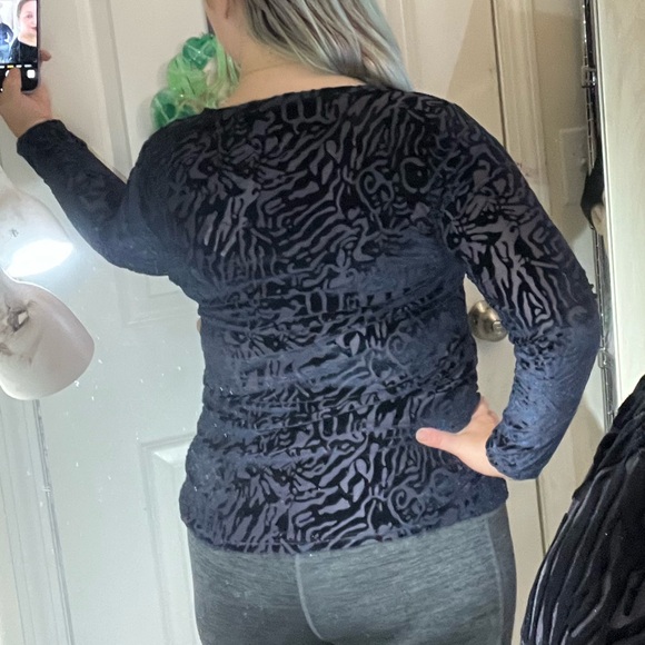 NAVY BLUE SHEER ZEBRA STRIPE VELVET STRETCH LONG SLEEVE SEXY TOP NWT S RUNS BIG - Picture 1 of 12